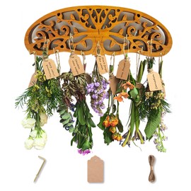 Rustic Herb Drying Rack Hanging,Wooden Tree of Life Dried Herb Flowers Rack Wall Art,Home Kitchen Witch Decor Wall Flowers Grass Gift,with 11 Hooks and 25 Gift Cards & 40 Inch Twine