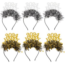 LUOZZY 6Pcs 2024 Happy New Year Headbands Tiara Glitter Star Sequin 2024 New Year Eve Tiara Headpieces 2024 Hair Hoops New Year Eve Party Supplies, Golden and Silver