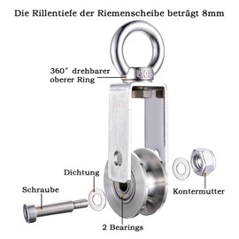 KCNOFNC Pulley with 2 Ball Bearings, Stainless Steel Fitness Pulley, 40 mm Pulley for 8 mm Ropes, Steel Cable, Load Capacity 250 kg, Pack of 2
