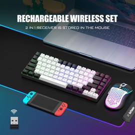 RedThunder K84 Wireless Keyboard and Mouse Combo, LED Rainbow Backlit Rechargeable Battery, 75% Layout TKL Ultra Compact Gaming Keyboard & Lightweight 3200 DPI Honeycomb Optical Mouse (White-Black)