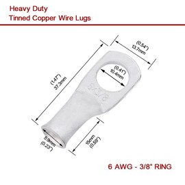 6 AWG 3/8" Stud (25 pcs.), Heavy Duty Tinned Battery Ring Terminal 6 Gauge Wire Connectors 6 Gauge Copper Ring Terminals, Copper Wire Lugs, Bare Copper Eyelets, Tubular Ring Terminal Connectors