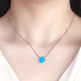 Kaletine Hamsa Hand of Fatima Necklace Sterling Silver Blue Synthetic Opal Pendant 11x13mm Box Chain 16"+2" Ext.
