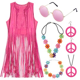 Hippie Costume Women's Vest Pink 5 Pieces Boho Retro Hippie Clothing Women's Accessories 60s 70s Clothing Women's Disco Carnival Cowgirl Costume Women's Hippie Top Fringe Vest Woman Fancy Dress XL