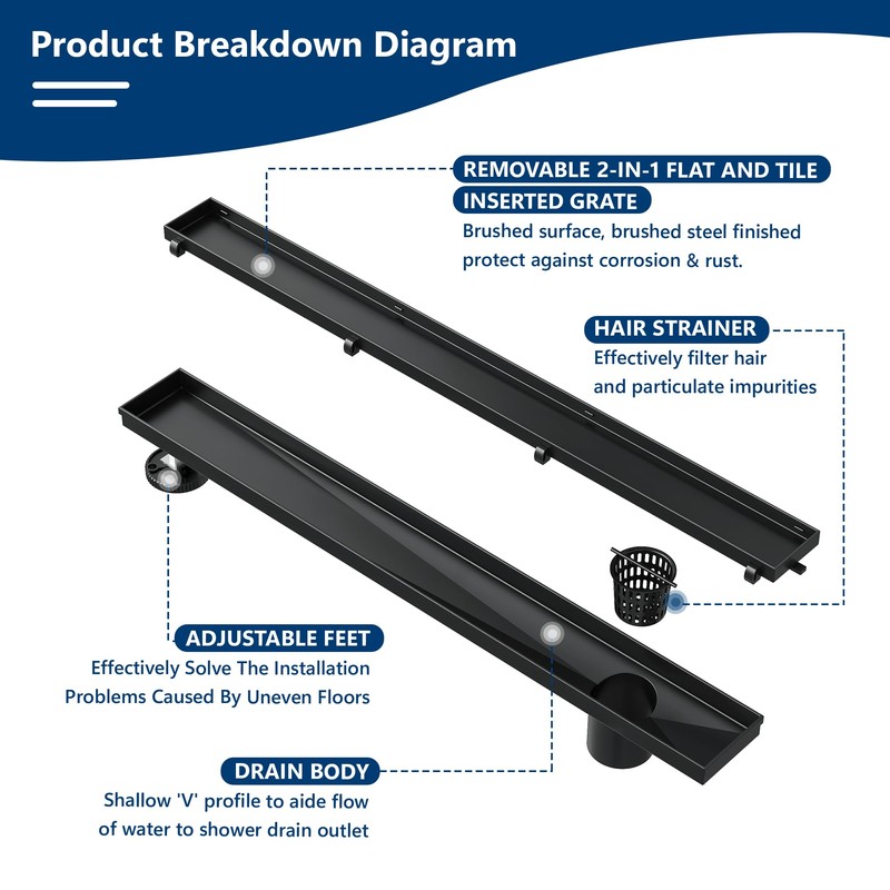 Neodrain 24-Inch Offset Linear Shower Drain with Tile Insert Grate