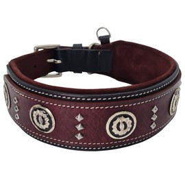 BlazingPaws Florington 2 Inch Wide Luxury Thick Leather Western Dog Collar for Large Dogs, Soft Suede Padded Dog Collar with Conchos and Square Stud Design (L: 15-19", Black/Cherry)