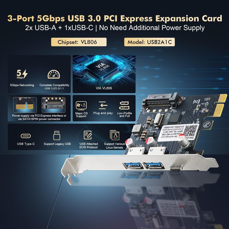 Binardat PCIE to USB 3.0 Expansion Card, 2 USB Type-A