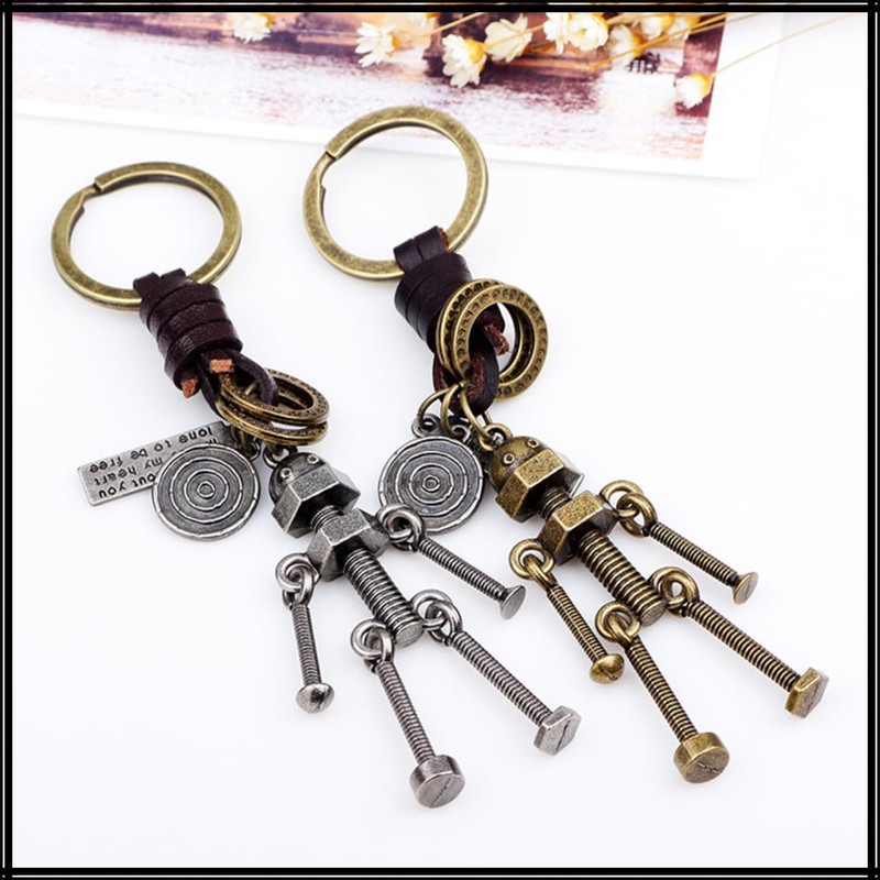 White Fang AZ293 Keyring, Keychain, Leather, Robot, Screw, Retro, Charm,