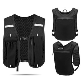 Plain Running Vest with Phone Holder & Storage, Adjustable Hydration Vest, Lightweight and Breathable Running Backpack for Running, Cycling, Hiking (Black, One Size)