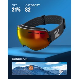 ZIONOR X Ski Snowboard Snow Goggles OTG Design for Men Women Adult with Spherical Detachable Lens UV Protection Anti-fog (VLT 21% Black Frame Revo Red Lens)