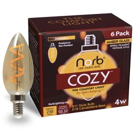 Norb NorbCOZY Vintage-Style Candelabra B11 LED Bulb - Candlelight Spectrum for Relaxation & Comfort. 4W, Amber Glass, E12 Base, Warm Glow. for Chandeliers, Sconces & Ambient Lighting​ (6-Pack)