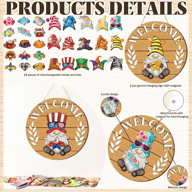 Qunclay Interchangeable Wooden Gnome Decor Holiday Seasonal Gnome Decorations with