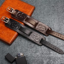 Thajaling Tibetan Buddhist Black Leather Six True Word Mantra Punk Style Wide Bangle Cuff Bracelet Strap Wristband for Men and Women