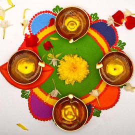 Brass Diya Set of 4 Deepak Long Wick Diva Traditional Indian Festival Décor Decoration for Pooja Temple Mandir Home Karthik Deepam Decorative Lighting Accessories and Gifting (Set of 4)