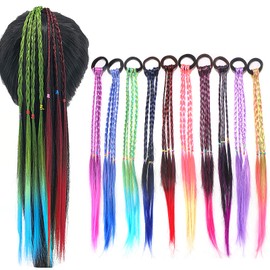 BENOSPACE 10 Pcs Girls Hair Extensions Accessories Colored Wigs Braids Headwear with Rubber Bands Ponytail Hair Ornament Twist Braid Rope Headdres for Women Kids Party Highlights Cosplay Dress Up