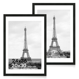 iRahmen 24x36 Poster Frame Set of 2 with Plexiglass, Black Frames Display Picture 20x30 with Mat or 24 x 36 Without Mat, Photo Frames for Gallery Wall Mounting Horizontal and Vertical