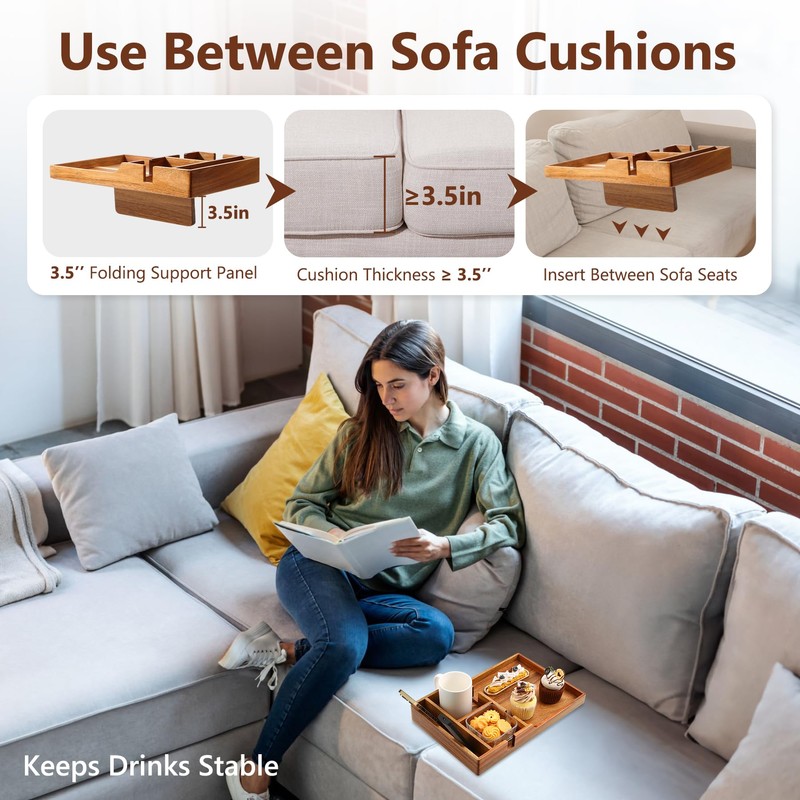 Couch Insert Tray for Middle Seat, Acacia Wood Couch Table
