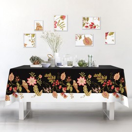 Ablecozy White Black Birds Flowers Waterproof Fabric Tablecloth,Rectangle Watercolor Wrinkle Oil-Proof Resistant Table Cover for Dining Table, Buffet Parties and Camping,(60" x 84" inch)