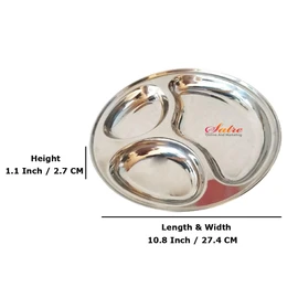 Satre Online and Marketing Stainless Steel 3 Compartment Lunch Plate Set Pavbhaji Plate Thali Dinner Plate Set of 3