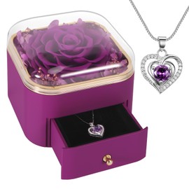 Preserved Real Purple Roses Gift Jewerlry Box, Real Eternal Rose Flower with Necklace for Women,Mothers Day Valentines Day Christmas Anniversary Birthday Gifts for Mom Wife Girlfriend