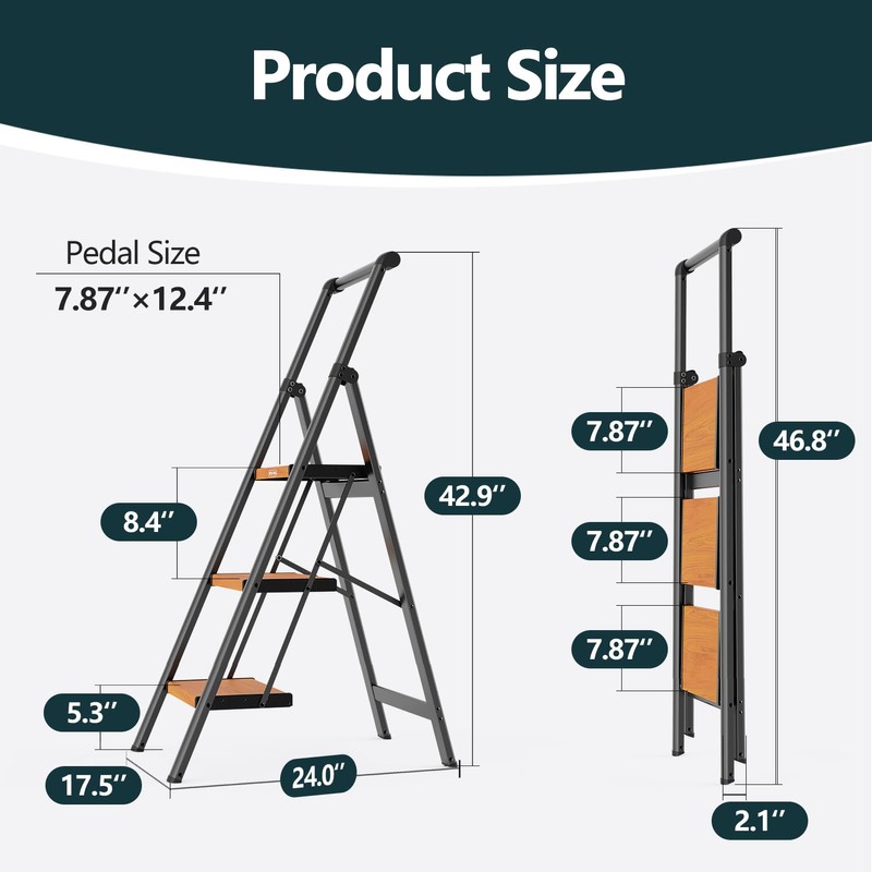 WOA WOA 3 Step Ladder, Ladders for Home, Anti-Slip Pedals,