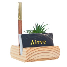 Airve Wood Business Card Holder with Succulent Plant and Pen Holder, Office Decoration and Storage. Wood color