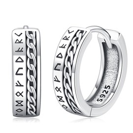 Viking Earrings 925 Sterling Silver Viking Earrings Men's Hoop Earrings Viking Rune Earrings Nordic Jewellery Christmas Gifts for Women Men Women Men, Sterling Silver, Cubic Zirconia