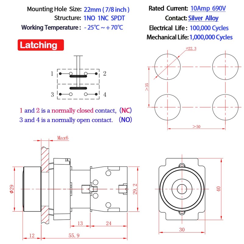 10 Amp 22MM Latching Push Button Switch Green 1NO 1NC