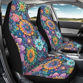 Quelytytrip Boho Floral Print Car Seat Covers for Women,Universal Front Seat Protectors for Car SUV Truck Sedan, Bohemian Blossom Car Accessories