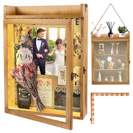 KWYADLUO 11x16 Shadow Box Frame with Light, Wedding Memorial Display Case with Shelves and Top Platform, Large Deep Shadow Box for Flowers, Wedding Gift, Hanging Rope and Wall-Mountable, Rustic Wood