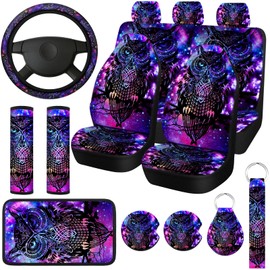 Riakrum 15 Pcs Purple Colorful Owl Car Seat Covers Full Set Space Cats Car Covers for Front Rear Seat Steering Wheel Wrist Strap Armrest Pad Shoulder Pads