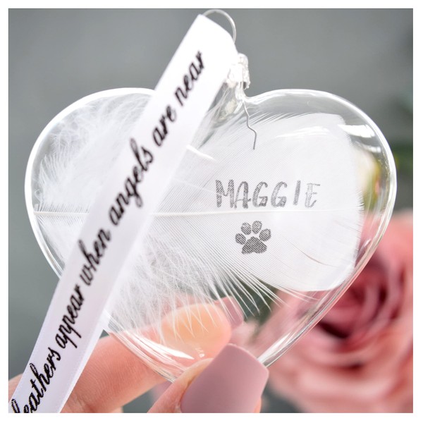 Any Name Fluffy Feather Bauble Personalised Glass Heart Family Christmas Hanging Decoration Memorial
