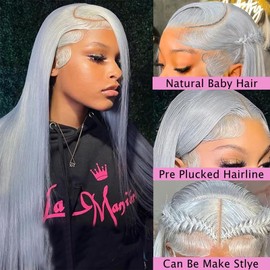 Grey Lace Front Wigs Human Hair Pre Plucked Straight 13x6 Hd Lace Front Wig Human Hair Pre Plucked with Baby Hair 180% Density Silver Gray Colored Glueless Wigs for Black Women 22 inch