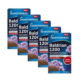 Klosterfrau Baldrian 1200 | mit hochdosiertem Baldrianwurzel-Extrakt | B-Vitamine tragen zu einer normalen Funktion des Nervensystems bei | Zur Unterstützung eines ruhigen Schlafs | 5 x 30 Tabletten