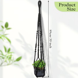 35 Inch Macrame Plant Hanger Indoor, Large for up to 12 Inch Pot Hanging Plant Holder for Indoor Outdoor, No Tassel Hanging Planter Basket with Wood Beads, Boho Pot Holder for Home Decor (Black)