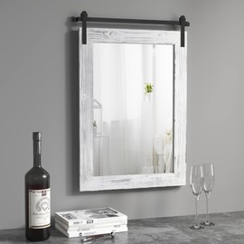 COGOOD Farmhouse Barn Door Mirror - 26" X 17" Rustic Wood Framed Wall Mirror for Bathroom, Living Room, Entryway Wall Decorative (White)