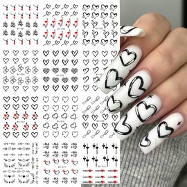 12pcs Valentine's Day Nail Water Transfer Stickers Black Heart Flower Nail Stickers Water Decals Valentine Nail Art Decorations Black Red Love Hollow Heart Pattern Letter Charms Manicure Decor