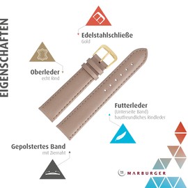 MARBURGER Watch Strap 18 mm Leather Smooth Tool Assembly Set 80718, Taupe/Gold, Classic