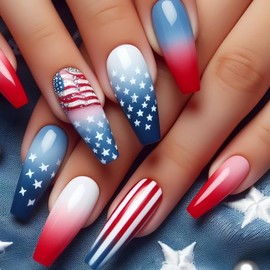 Independence Day Press on Nails Medium Length Flag Stars Design Gradient Fake Nail 4th July Patriotic Artificial Fingernails Full Cover Glossy Press Ons Stick on Nails for Women Holiday Manicure
