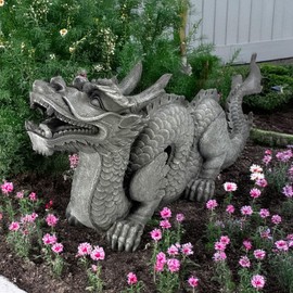 Galt International 28" Long Asian Dragon Resin Garden Statue China Loong Qing Dynasty Mythical Creature Chinese Mythology Outdoor Indoor Grey Stone Finish