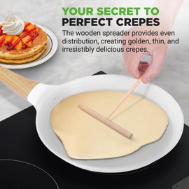 Nutrichef 2-Pack Non-Stick Crepe Pan Set, 9.4" Marble Coated Dosa Pans with Wooden Spreaders, Bakelite and Wood Handles, Induction-Compatible, Dishwasher Safe, Even Heat Distribution, White Cream
