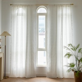 BCLBUSTE White Boho Curtains 63 inch Long 2 Panels for Living Room Nursery, Vintage Embroidered Sheer Linen Farmhouse Light Filtering Drapes for Bedroom Privacy Bohemian Neutral Window Decor,W52xL63