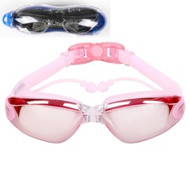 HSTWODE Optical Swimming Goggles with Prescription, One Piece Swimming Goggles with Earplugs, Dioptres: -1.5 to -8.0, Anti-Fog UV Protection, Free Beautiful Box (Pink, Plated -4)