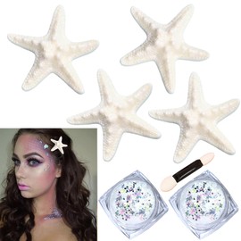 Starfish Hair Clips 4 PCS, Mermaid Hair Accessories and 2 Pcs Face Body Glitter (White)