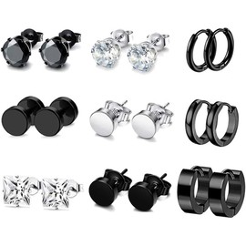 Acruccen 9 Pairs Earrings for Men Surgical Steel Mens Black Earrings Multipack Stud Huggie Small Hoop Earrings Set
