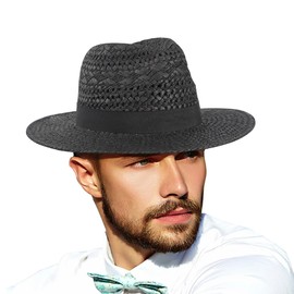 Ruphedy Straw Fedora Sun Hat for Men Women Wide Brim Panama Beach Hats UPF 50+（Black-M）