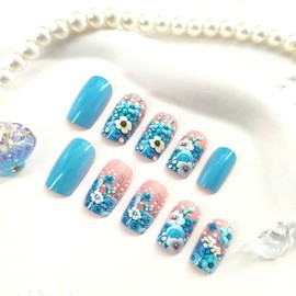Medium Press on Nails Square Fake Nails with Flower Designs Light Blue Nails Press ons Glossy Glue on Nails Full Cover False Nails Cute Acrylic Nails Summer Stick on Nails for Women 24Pcs