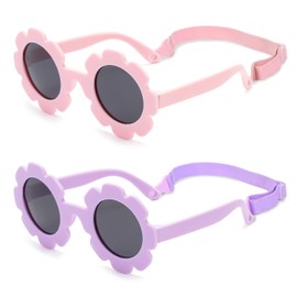 PANTIDE 2pcs Baby Sunglasses Flower Shaped Polarized Sunglasses with Adjustable Strap for Newborn Toddler Infant Soft Bendable Silicon Frame UV400 Lenses Protection for Girls Boys 0-36 Months