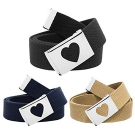 Build A Belt 1.25" Wide Heart Silver Flip Top Belt Buckle with Canvas Web Belt (Girls 3 Pack - Medium Black, Navy, Khaki)
