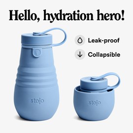 STOJO Jr Collapsible Bottle for Kids - Steel Blue, 14oz / 400ml - Leak-Proof Reusable Silicone Travel Cup for Hot & Cold Drinks -On-The-Go Camping & Hiking - Microwave & Dishwasher Safe