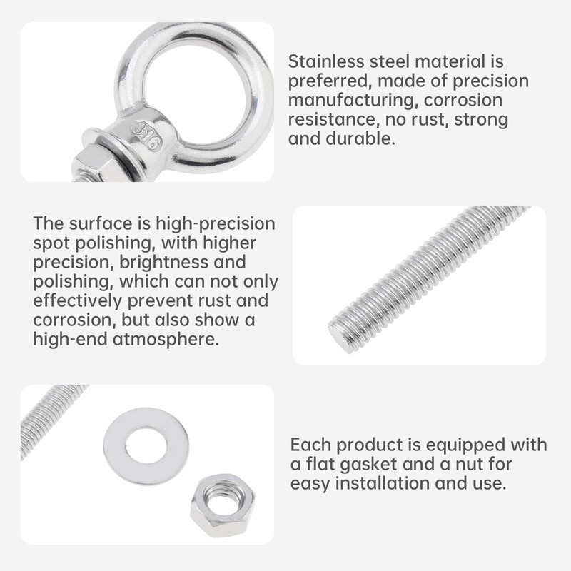 Smgda 5 Pack M6 Eye Bolt, 1/4"x 2.4" 316 Stainless